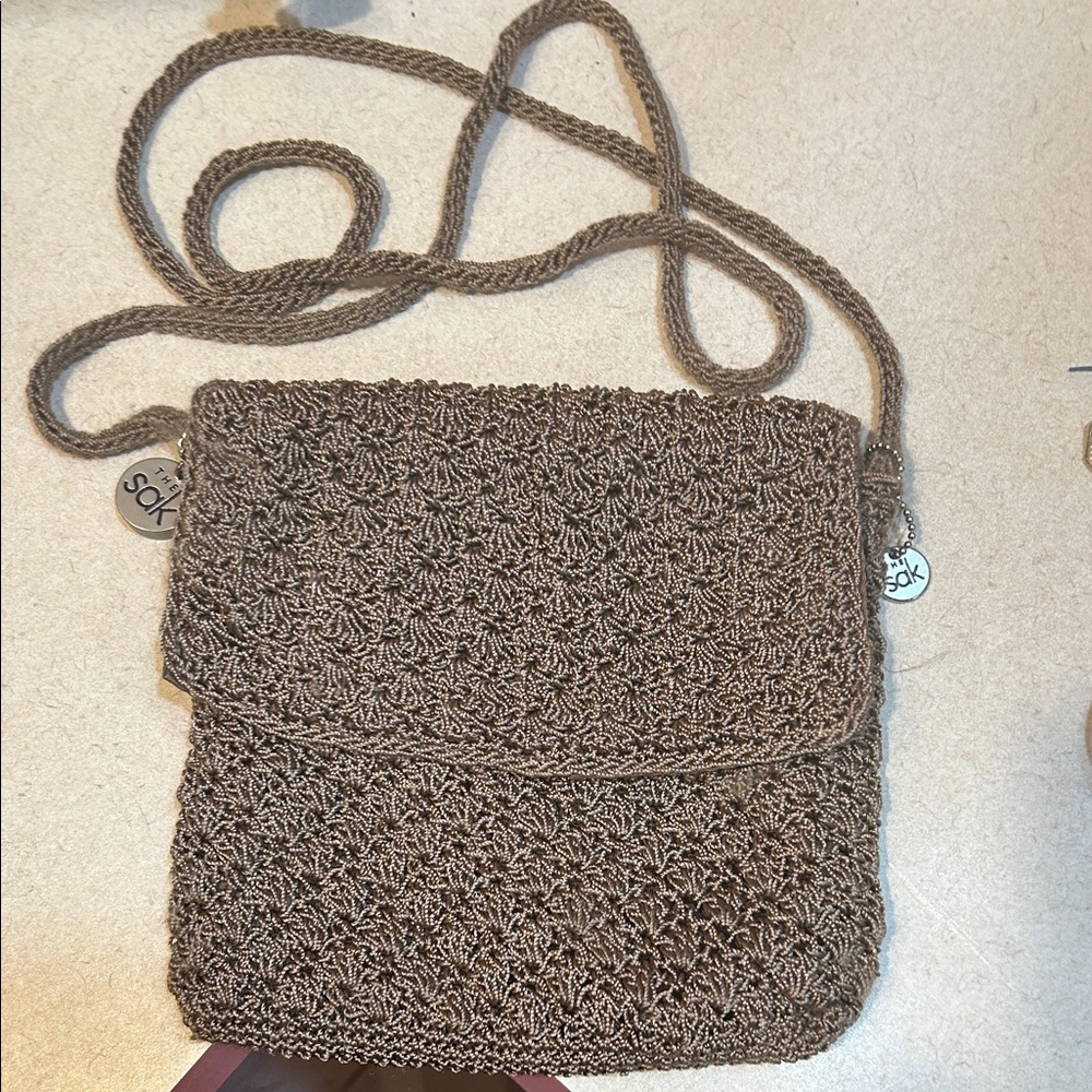 Vintage Sak Tan Crochet Crossbody Bag